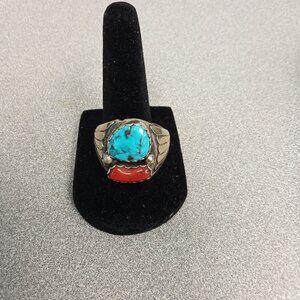 Native American Handcrafted Turquoise & Red Coral Handmade Ring Size 13.5